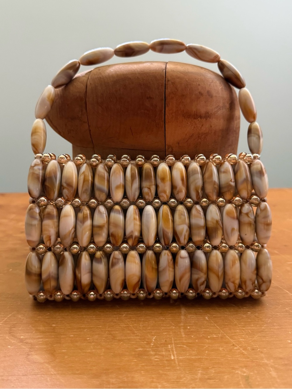 Vintage Y2K Handmade Beaded Handbag Neutral Marbled Acrylic Bead Purse Coastal